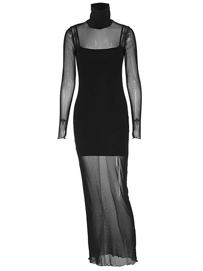 Conjunto de dos piezas de malla para mujer, vestido mini transparente, ajustado, sexy, de moda, de manga larga, con retazos, otoño 2025