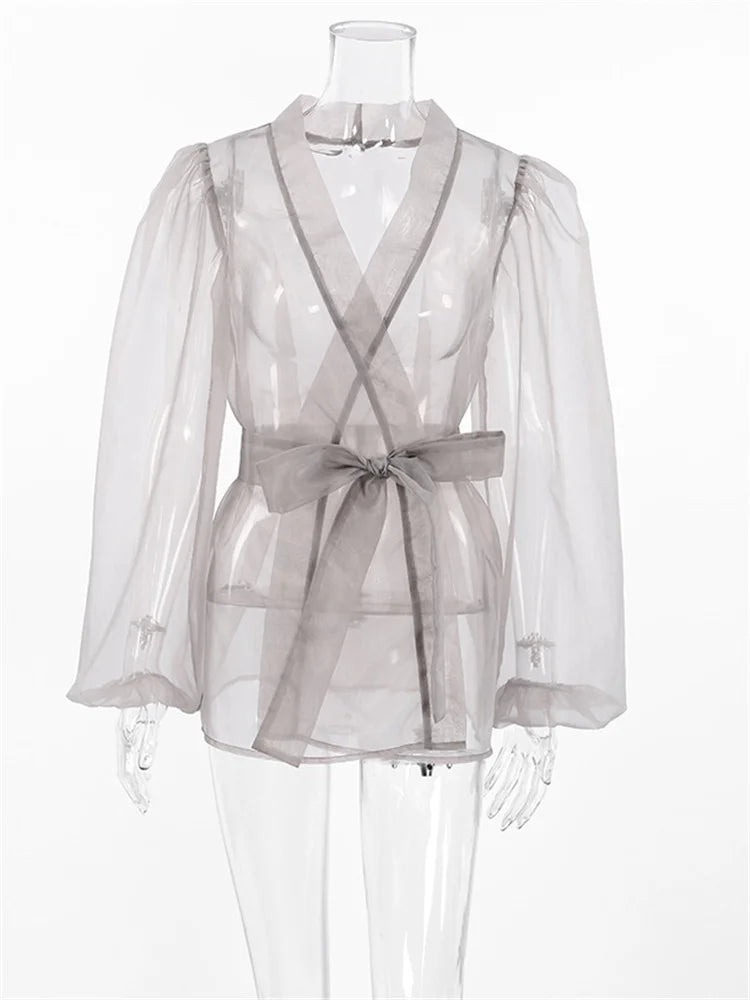 Camisa de malla para cubrir las vacaciones, para mujer, con cuello en V y cordones, ropa de playa para cubrir el verano.