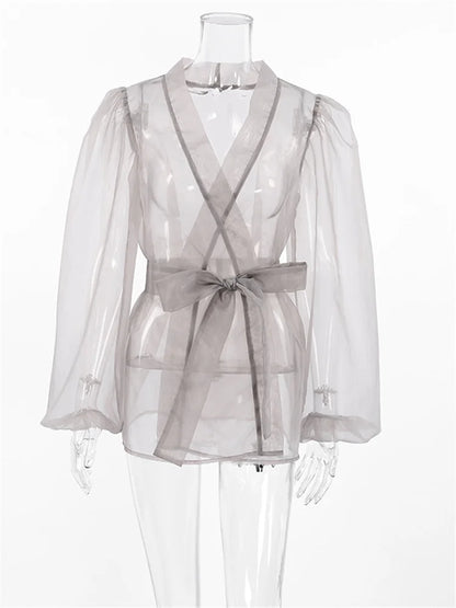 Camisa de malla para cubrir las vacaciones, para mujer, con cuello en V y cordones, ropa de playa para cubrir el verano.