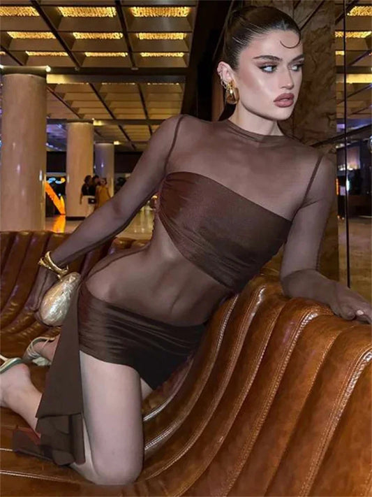 Minivestido sexy de malla con agujeros para mujer, transparente, de cintura alta, plisado, ajustado, estilo vendaje, minivestido femenino Y2k, nuevo