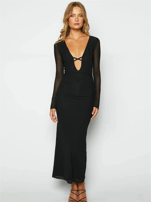 Mesh Lace-Up Hollow Out Maxi Dress – Elegant V-Neck Bandage Party Dress