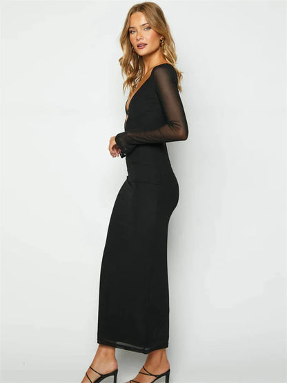 Vestido largo de malla con encaje y aberturas: elegante vestido de fiesta con escote en V y banda elástica
