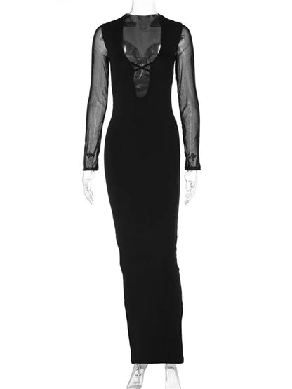Vestido largo de malla con encaje y aberturas: elegante vestido de fiesta con escote en V y banda elástica