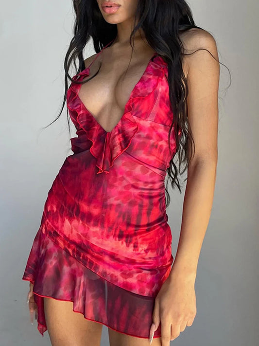 Vestido corto de gasa con cuello halter y estampado para mujer, sexy, sin espalda, con pliegues irregulares y diseño de hongos, 2025