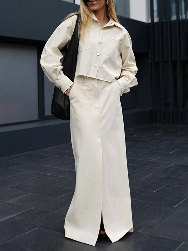 New Skirt Sets For Women Full Sleeve Shirt High waisted Split Long Skirt Two-Piece Solid Color Loose Lady Summer 2025 New
