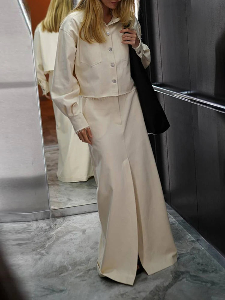 New Skirt Sets For Women Full Sleeve Shirt High waisted Split Long Skirt Two-Piece Solid Color Loose Lady Summer 2025 New