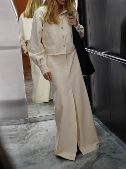 New Skirt Sets For Women Full Sleeve Shirt High waisted Split Long Skirt Two-Piece Solid Color Loose Lady Summer 2025 New