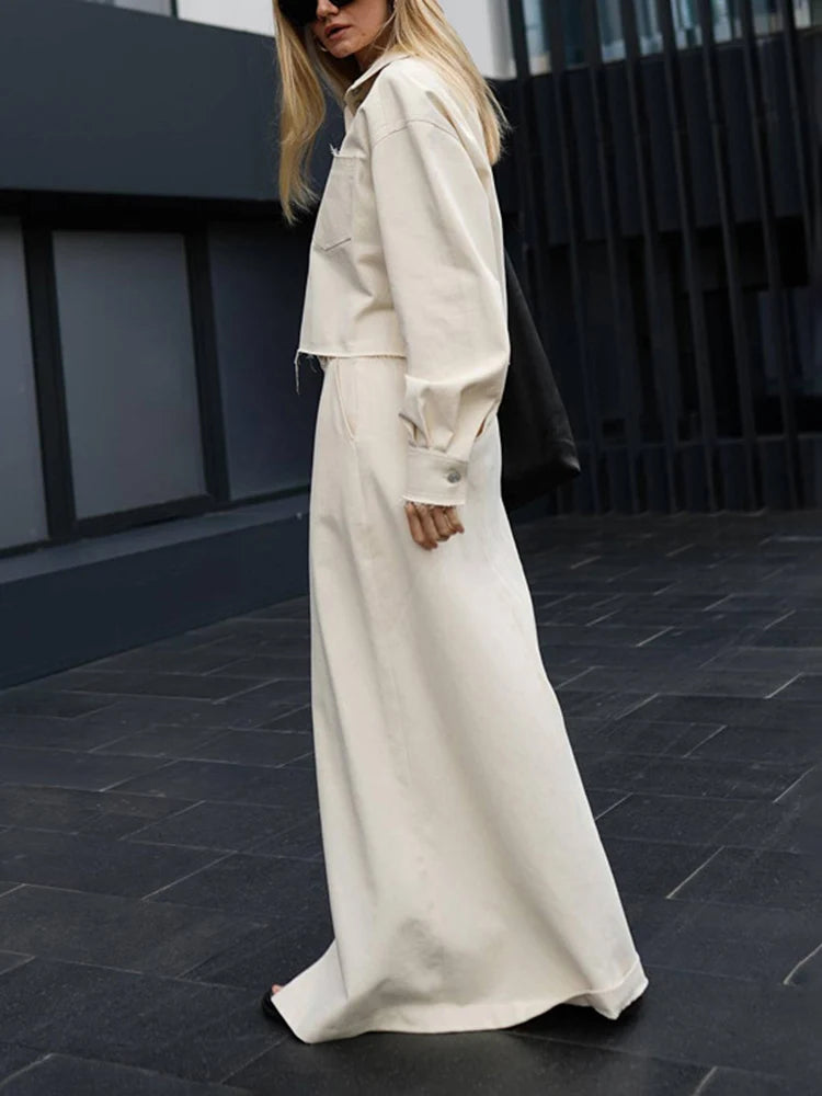 New Skirt Sets For Women Full Sleeve Shirt High waisted Split Long Skirt Two-Piece Solid Color Loose Lady Summer 2025 New