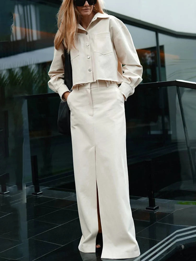 New Skirt Sets For Women Full Sleeve Shirt High waisted Split Long Skirt Two-Piece Solid Color Loose Lady Summer 2025 New