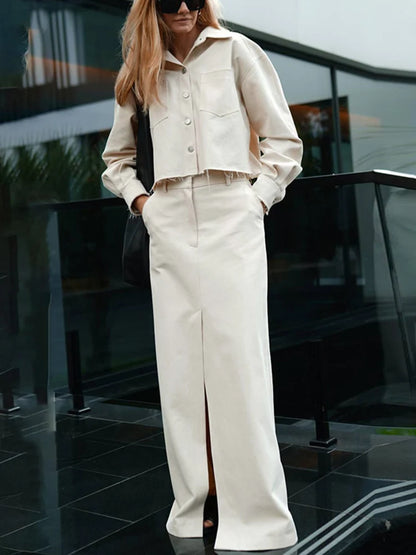 New Skirt Sets For Women Full Sleeve Shirt High waisted Split Long Skirt Two-Piece Solid Color Loose Lady Summer 2025 New