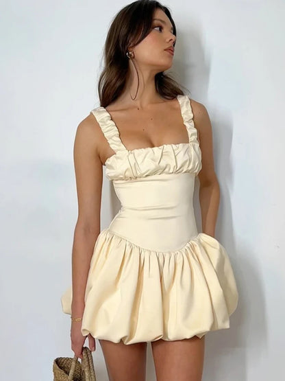 Vestido corto con tirantes para mujer, nuevo, con pliegues y retazos, sin mangas, sexy, liso, estilo princesa, para fiesta de cumpleaños y baile.