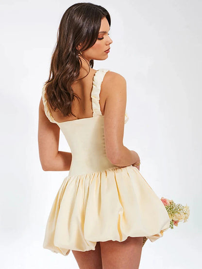 Vestido corto con tirantes para mujer, nuevo, con pliegues y retazos, sin mangas, sexy, liso, estilo princesa, para fiesta de cumpleaños y baile.