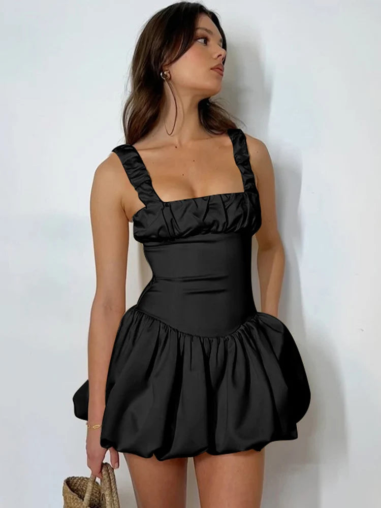 Vestido corto con tirantes para mujer, nuevo, con pliegues y retazos, sin mangas, sexy, liso, estilo princesa, para fiesta de cumpleaños y baile.
