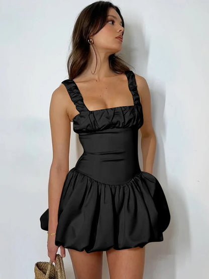 Vestido corto con tirantes para mujer, nuevo, con pliegues y retazos, sin mangas, sexy, liso, estilo princesa, para fiesta de cumpleaños y baile.