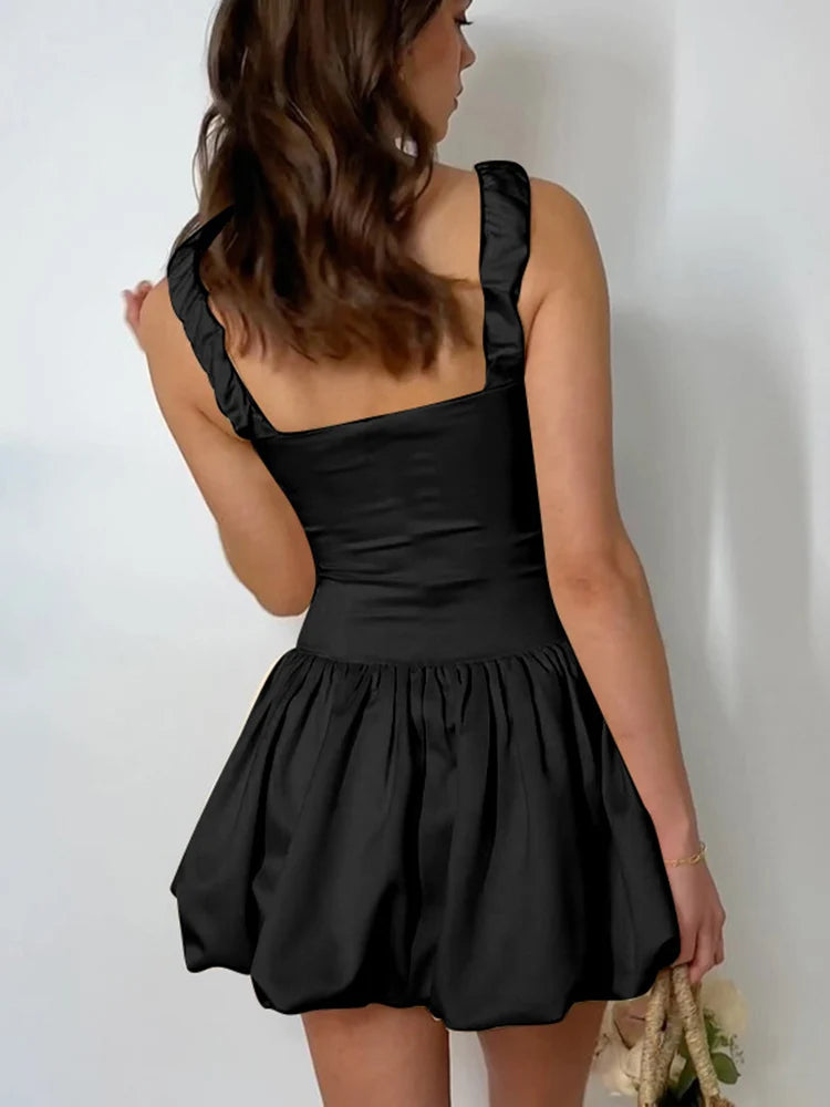 Vestido corto con tirantes para mujer, nuevo, con pliegues y retazos, sin mangas, sexy, liso, estilo princesa, para fiesta de cumpleaños y baile.