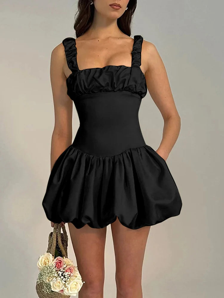 Vestido corto con tirantes para mujer, nuevo, con pliegues y retazos, sin mangas, sexy, liso, estilo princesa, para fiesta de cumpleaños y baile.