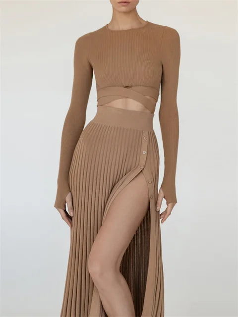 New White Knit Two Piece Women Sets Fall Ribbed Crop Top And Pleated Knitted Skirt Suits For Women Midi Dress Sets 2025