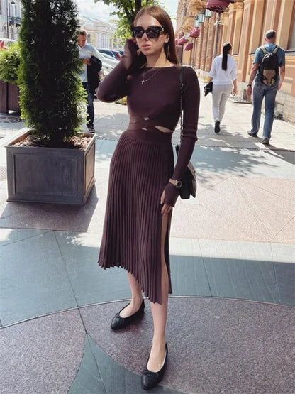 New White Knit Two Piece Women Sets Fall Ribbed Crop Top And Pleated Knitted Skirt Suits For Women Midi Dress Sets 2025