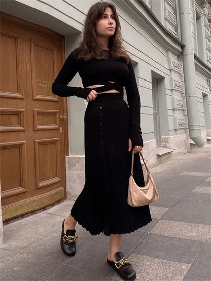 New White Knit Two Piece Women Sets Fall Ribbed Crop Top And Pleated Knitted Skirt Suits For Women Midi Dress Sets 2025