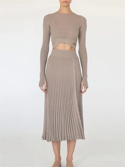 New White Knit Two Piece Women Sets Fall Ribbed Crop Top And Pleated Knitted Skirt Suits For Women Midi Dress Sets 2025