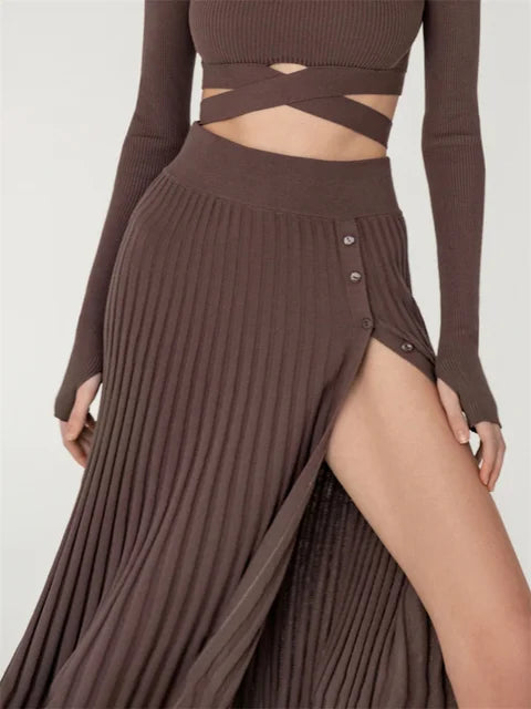 New White Knit Two Piece Women Sets Fall Ribbed Crop Top And Pleated Knitted Skirt Suits For Women Midi Dress Sets 2025