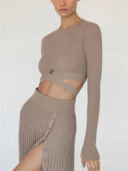 New White Knit Two Piece Women Sets Fall Ribbed Crop Top And Pleated Knitted Skirt Suits For Women Midi Dress Sets 2025
