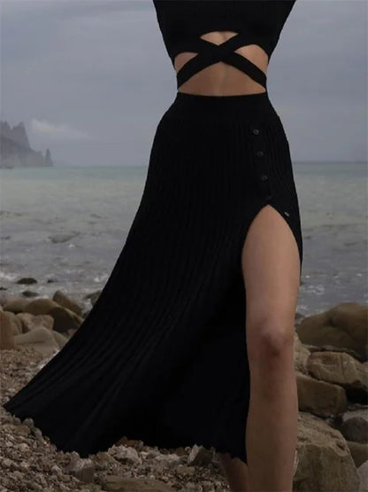 New White Knit Two Piece Women Sets Fall Ribbed Crop Top And Pleated Knitted Skirt Suits For Women Midi Dress Sets 2025