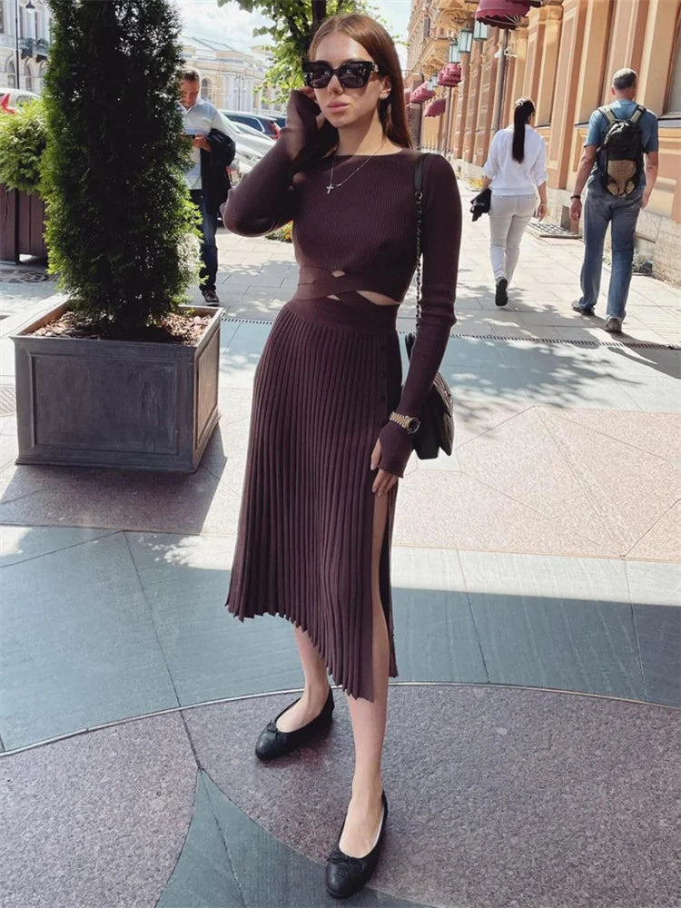 New White Knit Two Piece Women Sets Fall Ribbed Crop Top And Pleated Knitted Skirt Suits For Women Midi Dress Sets 2025