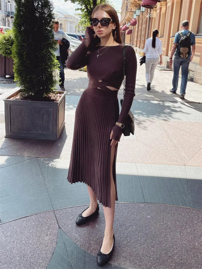 New White Knit Two Piece Women Sets Fall Ribbed Crop Top And Pleated Knitted Skirt Suits For Women Midi Dress Sets 2025