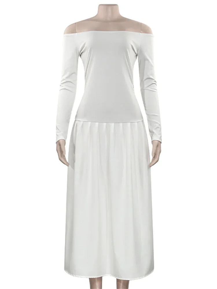 Vestido largo de patchwork con hombros descubiertos para mujer, elegante y liso, para el día a día en otoño, vestido largo sin espalda para mujer, nuevo