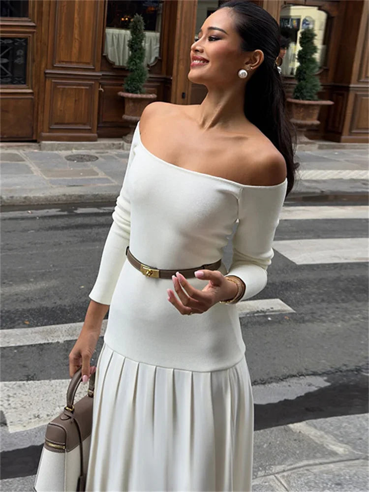 Vestido largo de patchwork con hombros descubiertos para mujer, elegante y liso, para el día a día en otoño, vestido largo sin espalda para mujer, nuevo