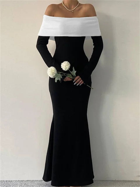 Vestido largo ajustado con hombros descubiertos y patchwork para mujer, manga larga, cintura alta, elegante, sin espalda, para fiesta, atuendo de otoño para mujer