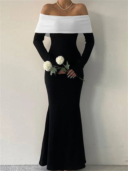 Vestido largo ajustado con hombros descubiertos y patchwork para mujer, manga larga, cintura alta, elegante, sin espalda, para fiesta, atuendo de otoño para mujer