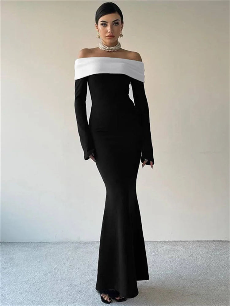 Vestido largo ajustado con hombros descubiertos y patchwork para mujer, manga larga, cintura alta, elegante, sin espalda, para fiesta, atuendo de otoño para mujer