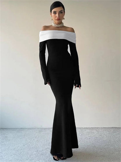 Vestido largo ajustado con hombros descubiertos y patchwork para mujer, manga larga, cintura alta, elegante, sin espalda, para fiesta, atuendo de otoño para mujer