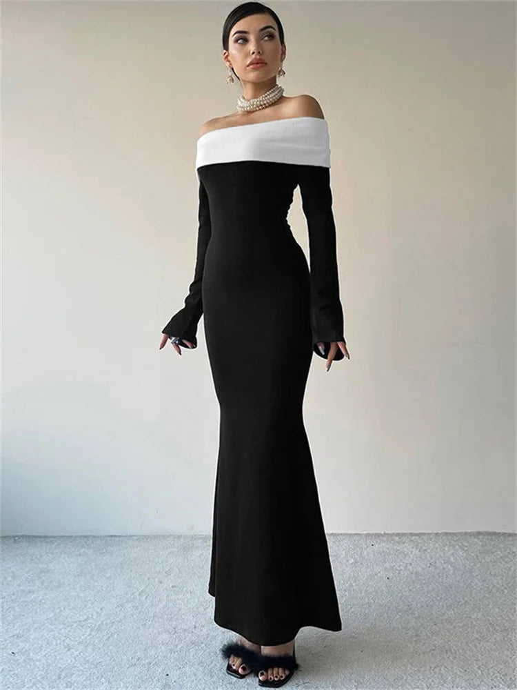Vestido largo ajustado con hombros descubiertos y patchwork para mujer, manga larga, cintura alta, elegante, sin espalda, para fiesta, atuendo de otoño para mujer