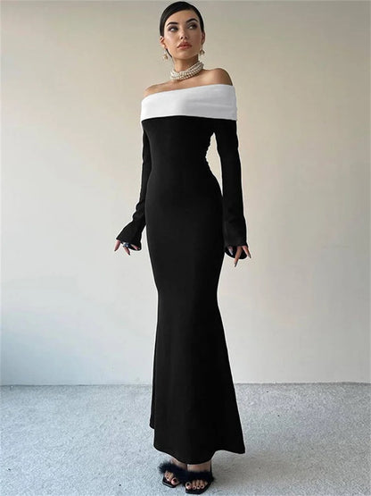 Vestido largo ajustado con hombros descubiertos y patchwork para mujer, manga larga, cintura alta, elegante, sin espalda, para fiesta, atuendo de otoño para mujer