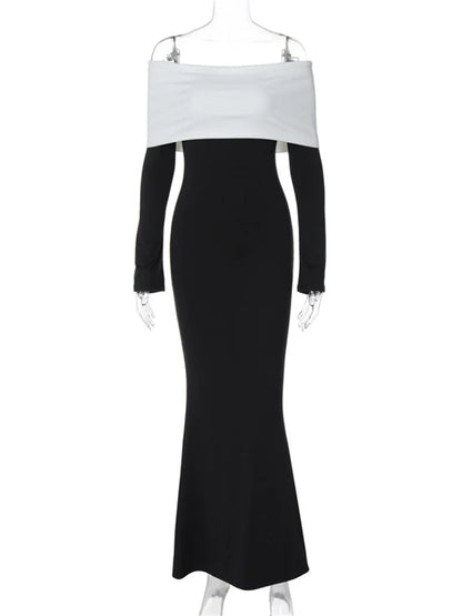Vestido largo ajustado con hombros descubiertos y patchwork para mujer, manga larga, cintura alta, elegante, sin espalda, para fiesta, atuendo de otoño para mujer