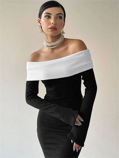 Vestido largo ajustado con hombros descubiertos y patchwork para mujer, manga larga, cintura alta, elegante, sin espalda, para fiesta, atuendo de otoño para mujer