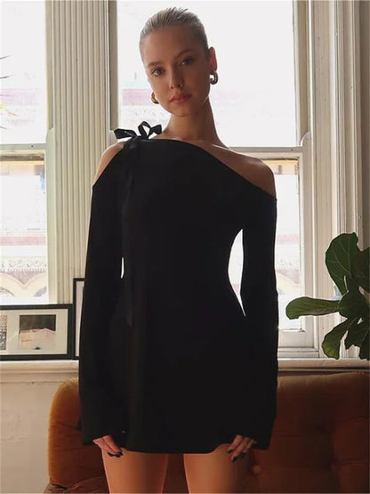 Off-Shoulder Ruffled Bandage Mini Dress For Women Fashion Long Sleeve Patchwork Lace-Up Elegant Dress Female Solid Dress