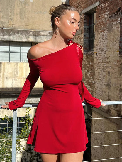 Off-Shoulder Ruffled Bandage Mini Dress For Women Fashion Long Sleeve Patchwork Lace-Up Elegant Dress Female Solid Dress