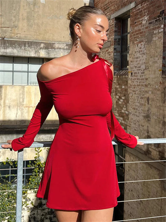 Vestido mini con volantes y hombros descubiertos para mujer, elegante, de manga larga, con retazos y cordones, liso