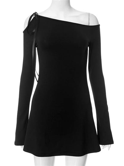 Off-Shoulder Ruffled Bandage Mini Dress For Women Fashion Long Sleeve Patchwork Lace-Up Elegant Dress Female Solid Dress