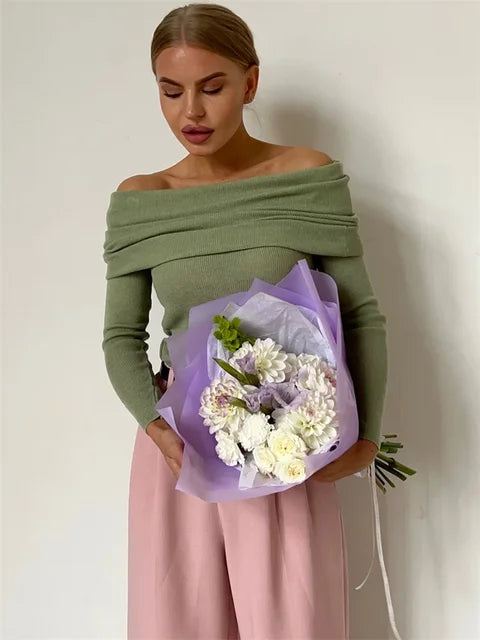 Off-Shoulder Sexy Knit Pullover Sweater For Women Mesh See-Through Long Sleeve Backless Y2k Top Fashion Knitwear Pullover