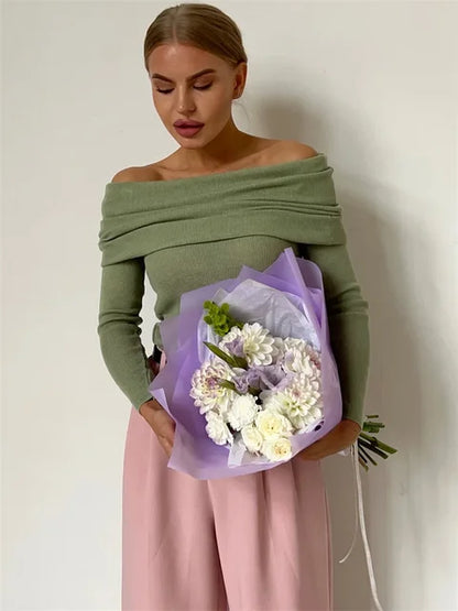 Off-Shoulder Sexy Knit Pullover Sweater For Women Mesh See-Through Long Sleeve Backless Y2k Top Fashion Knitwear Pullover