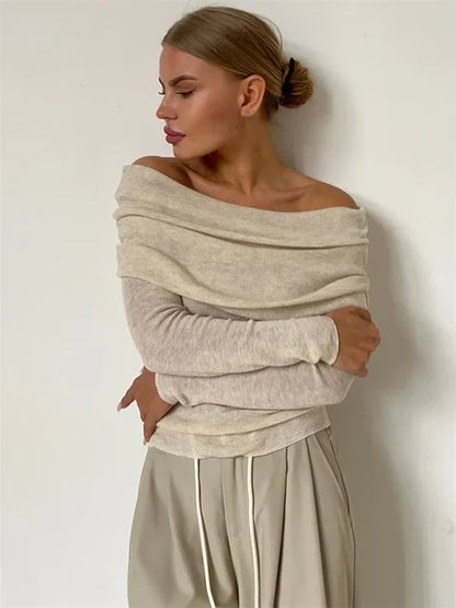 Off-Shoulder Sexy Knit Pullover Sweater For Women Mesh See-Through Long Sleeve Backless Y2k Top Fashion Knitwear Pullover