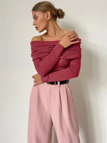Off-Shoulder Sexy Knit Pullover Sweater For Women Mesh See-Through Long Sleeve Backless Y2k Top Fashion Knitwear Pullover