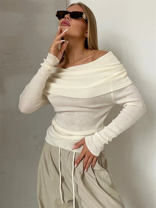 Suéter de punto sexy con hombros descubiertos para mujer, jersey de malla transparente de manga larga sin espalda, jersey de punto de moda Y2k