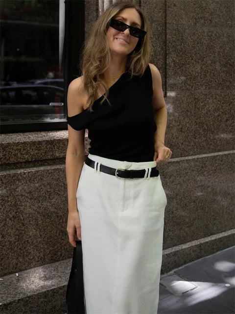Off-Shoulder Solid T-shirt Women Casual Summer 2025 Ribbed Sleeveless Fashion Elegant Clothes Female High Waist Tee Top