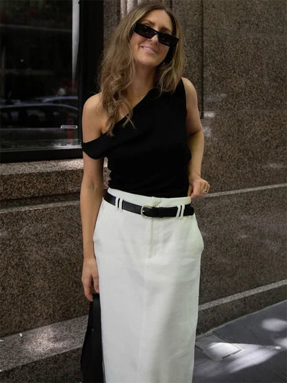 Off-Shoulder Solid T-shirt Women Casual Summer 2025 Ribbed Sleeveless Fashion Elegant Clothes Female High Waist Tee Top